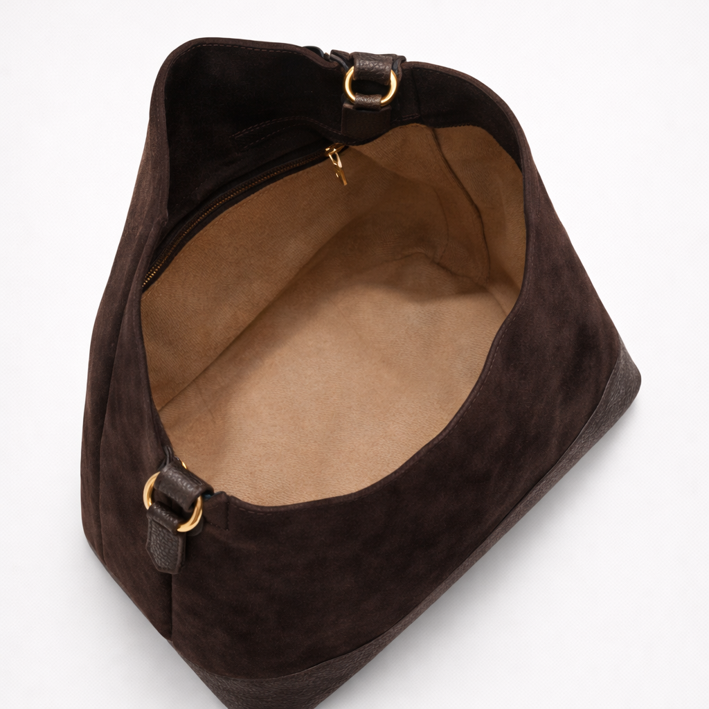 Geanta din piele intoarsa cu inchidere aurie, maro ciocolatiu