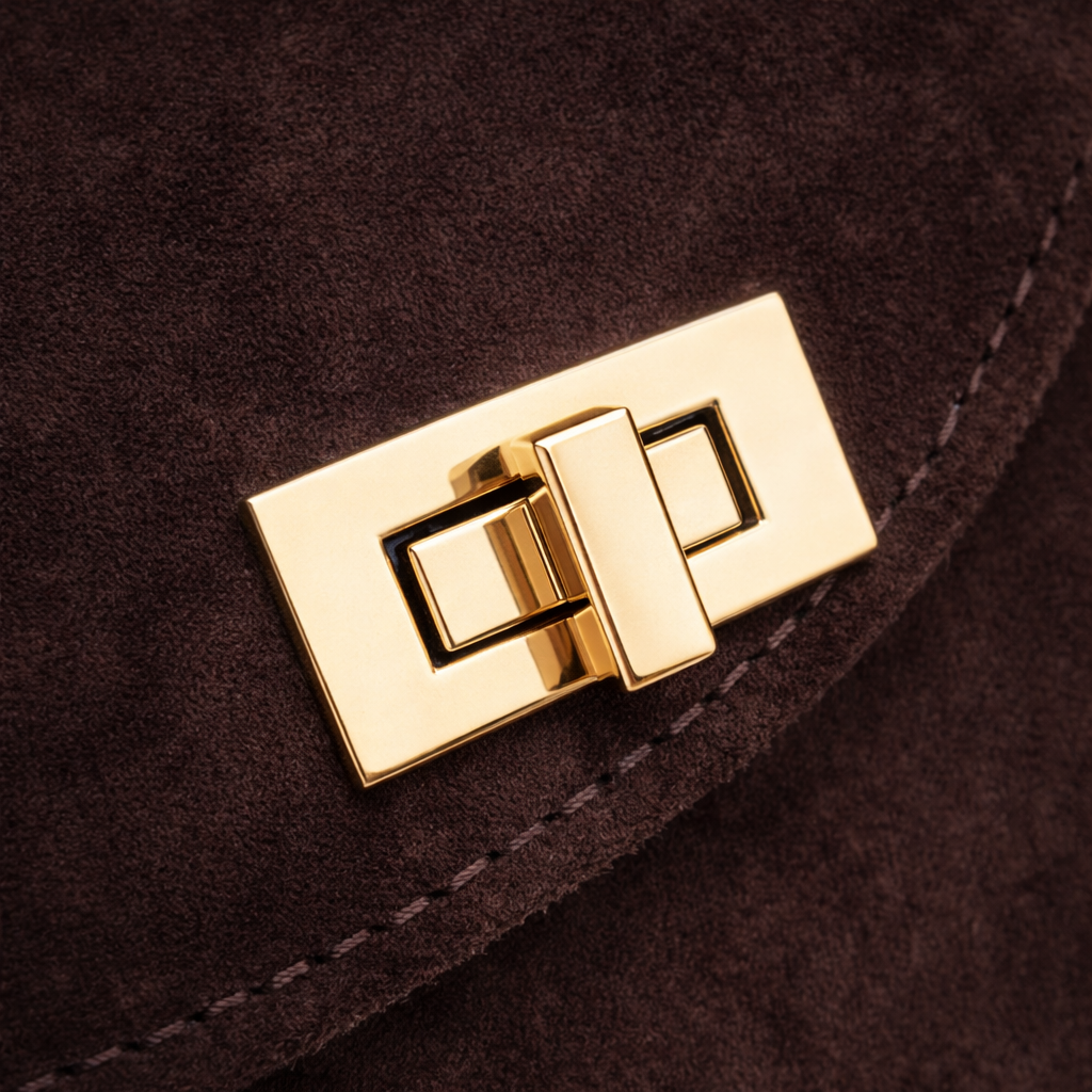 Geanta din piele intoarsa cu inchidere aurie, maro ciocolatiu