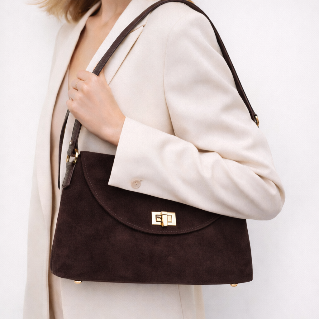 Geanta din piele intoarsa cu inchidere aurie, maro ciocolatiu