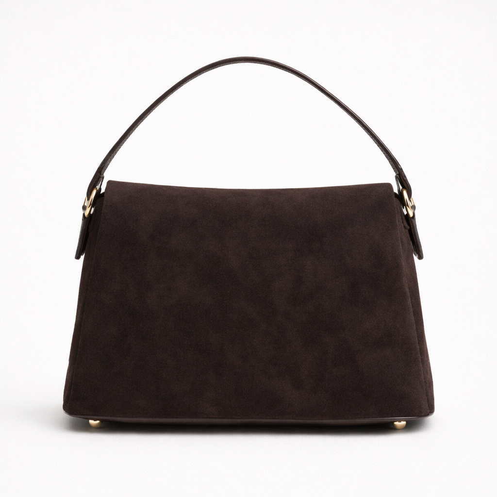 Geanta din piele intoarsa cu inchidere aurie, maro ciocolatiu